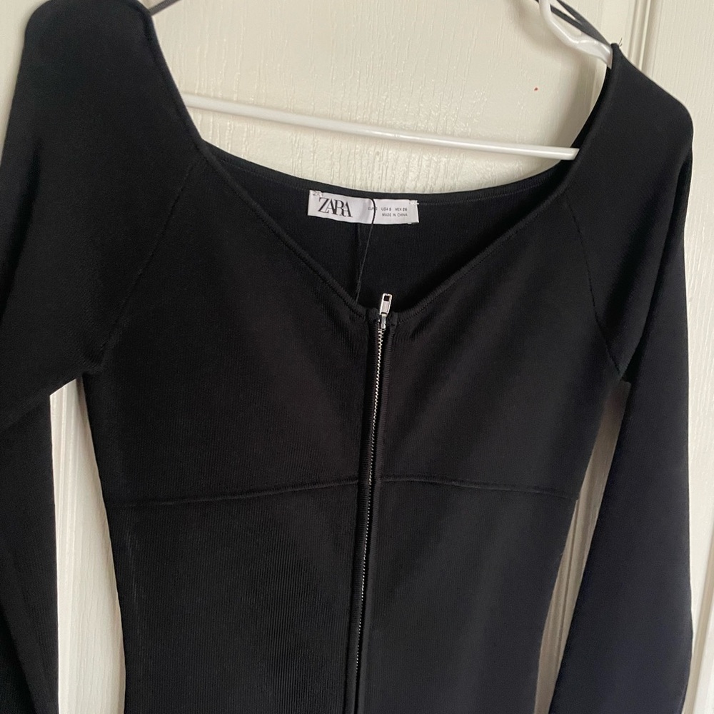 ZARA Black Ribbed Midi Long Sleeve Dress